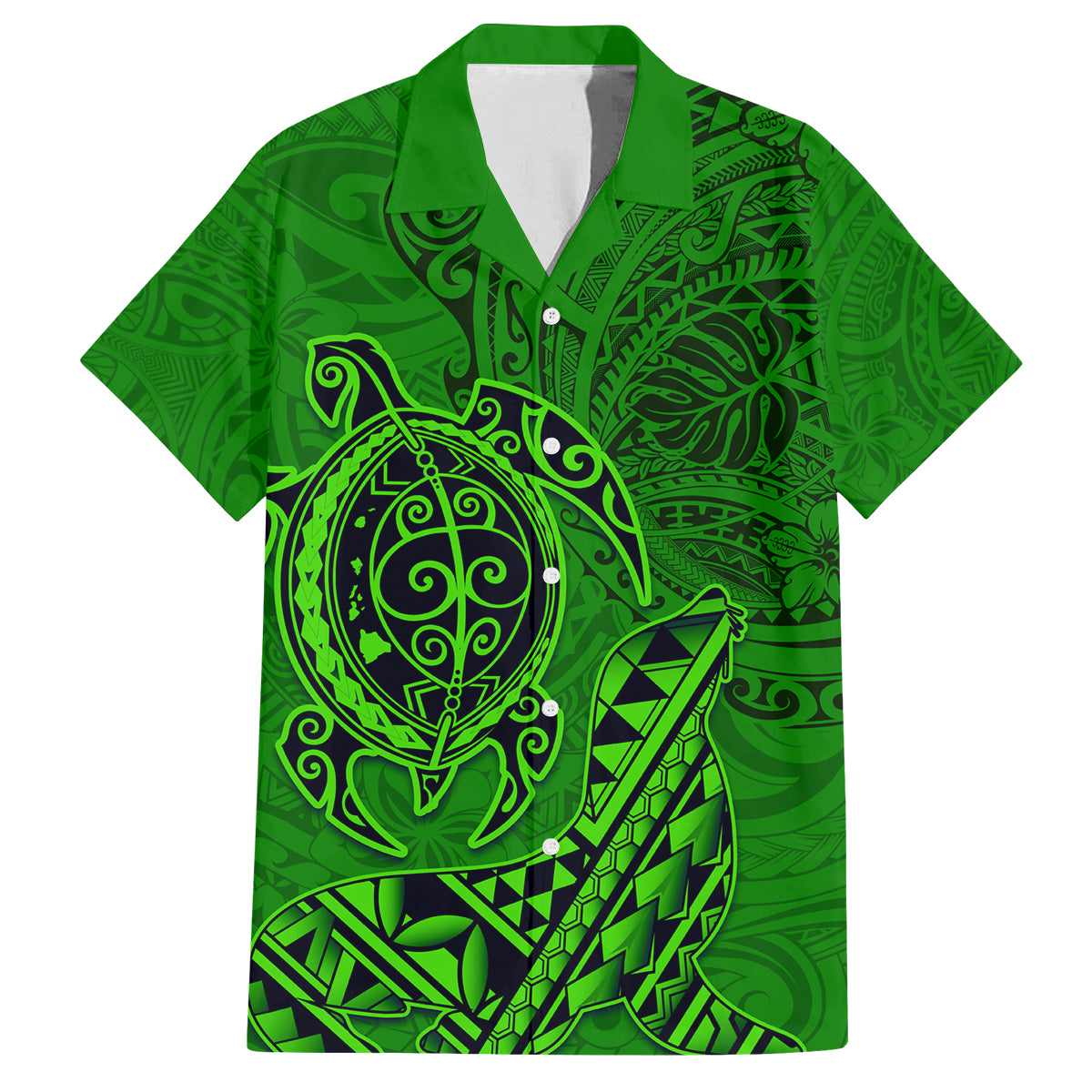 Hawaii Monk Seal and Dolphin Family Matching Off Shoulder Maxi Dress and Hawaiian Shirt Polynesian Kakau Pattern Green LT03 Dad's Shirt - Short Sleeve Green - Polynesian Pride
