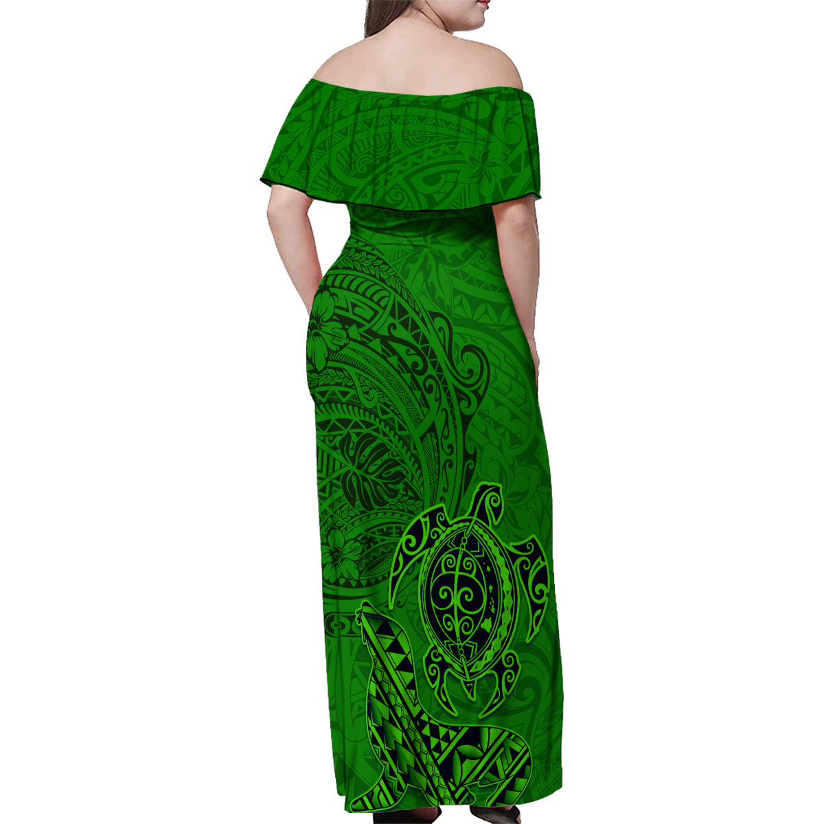 Hawaii Monk Seal and Dolphin Family Matching Off Shoulder Maxi Dress and Hawaiian Shirt Polynesian Kakau Pattern Green LT03 - Polynesian Pride