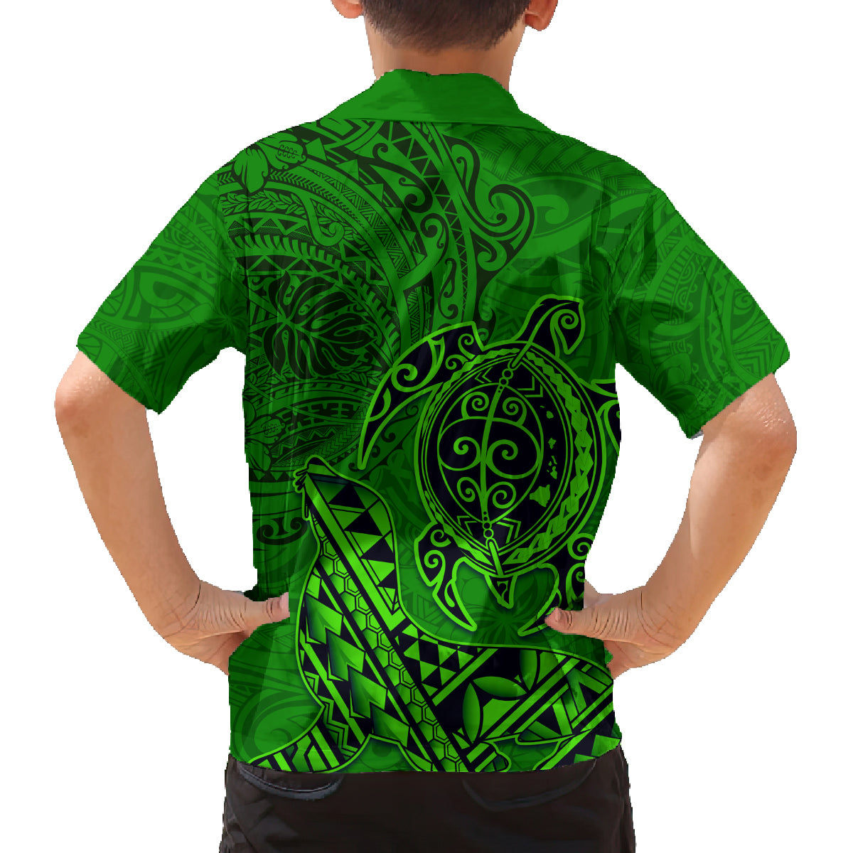Hawaii Monk Seal and Dolphin Family Matching Puletasi and Hawaiian Shirt Polynesian Kakau Pattern Green LT03 - Polynesian Pride