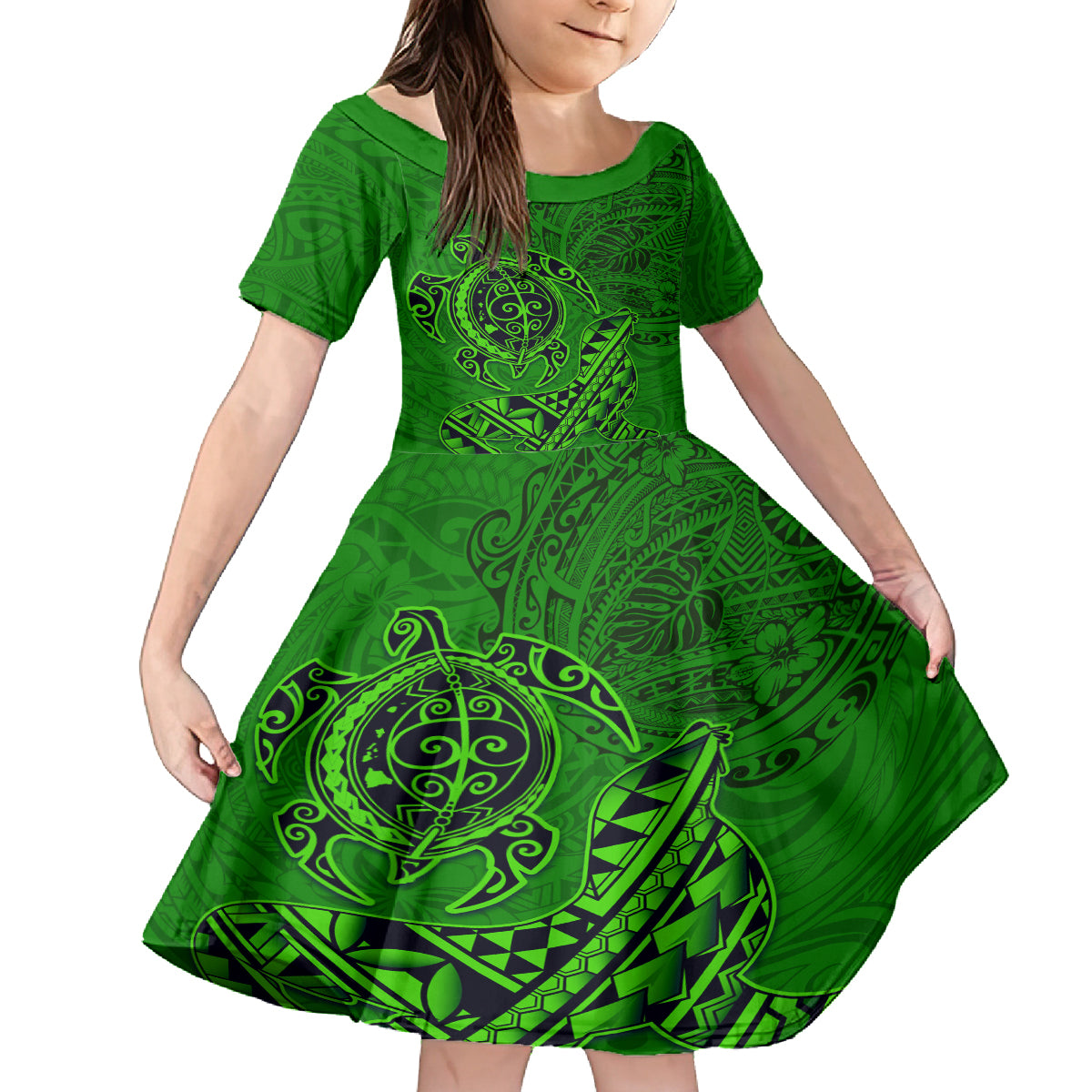Hawaii Monk Seal and Dolphin Family Matching Puletasi and Hawaiian Shirt Polynesian Kakau Pattern Green LT03 Daughter's Dress Green - Polynesian Pride