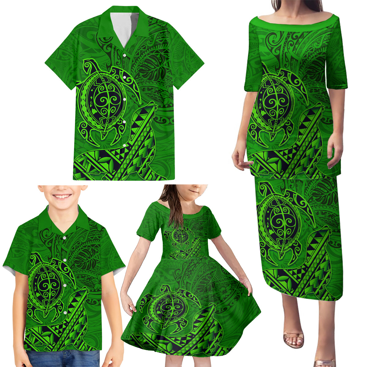 Hawaii Monk Seal and Dolphin Family Matching Puletasi and Hawaiian Shirt Polynesian Kakau Pattern Green LT03 - Polynesian Pride