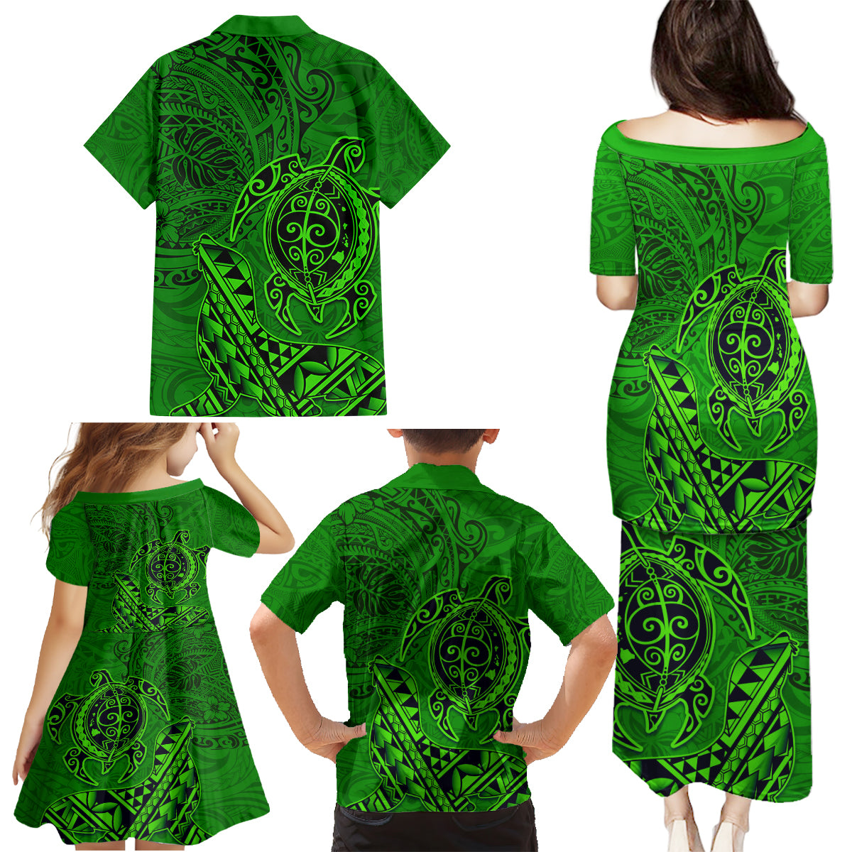 Hawaii Monk Seal and Dolphin Family Matching Puletasi and Hawaiian Shirt Polynesian Kakau Pattern Green LT03 - Polynesian Pride