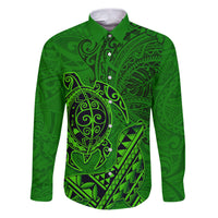 Hawaii Monk Seal and Dolphin Family Matching Puletasi and Hawaiian Shirt Polynesian Kakau Pattern Green LT03 Dad's Shirt - Long Sleeve Green - Polynesian Pride