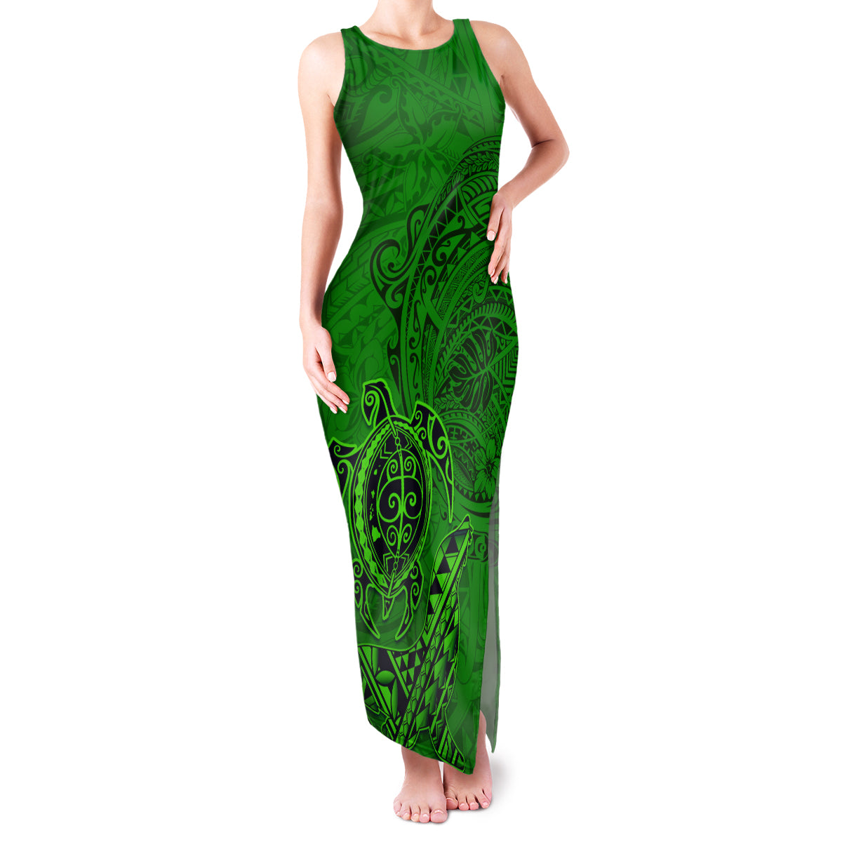 Hawaii Monk Seal and Dolphin Family Matching Tank Maxi Dress and Hawaiian Shirt Polynesian Kakau Pattern Green