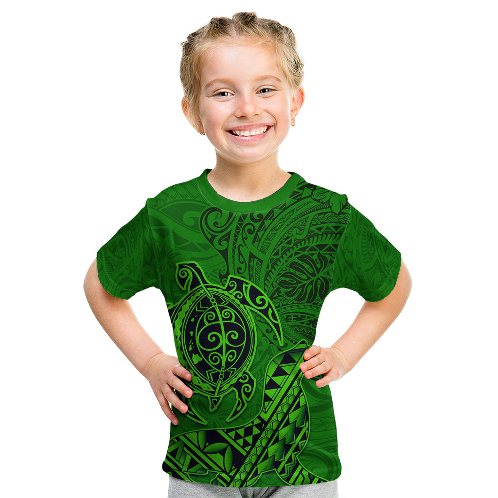 Hawaii Monk Seal and Dolphin Kid T Shirt Polynesian Kakau Pattern Green LT03 Green - Polynesian Pride
