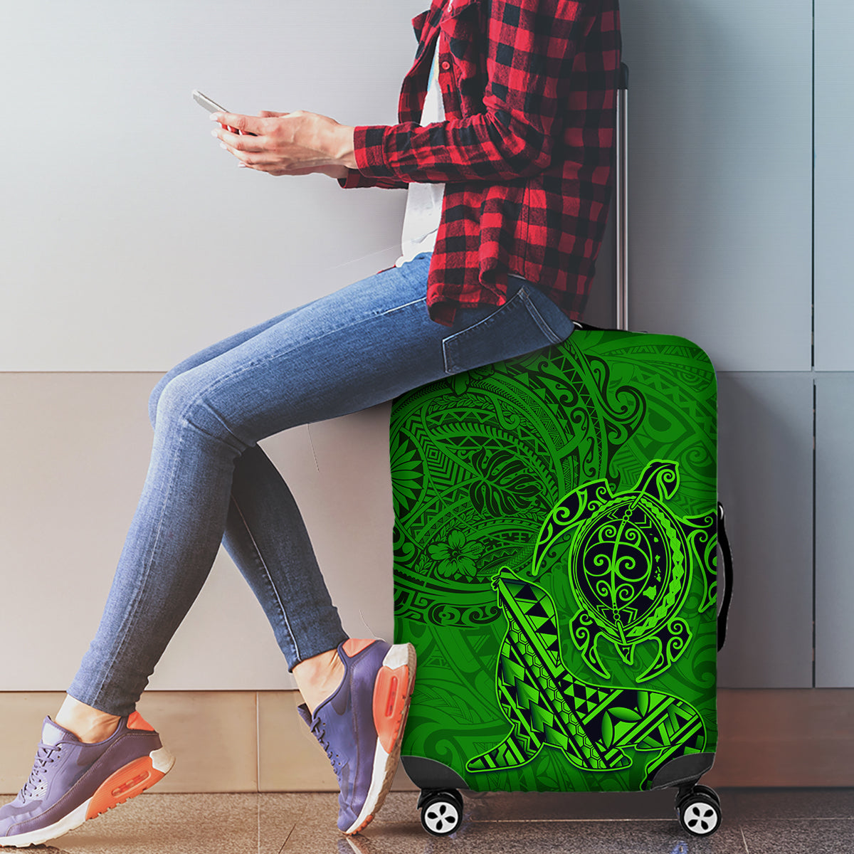 Hawaii Monk Seal and Dolphin Luggage Cover Polynesian Kakau Pattern Green