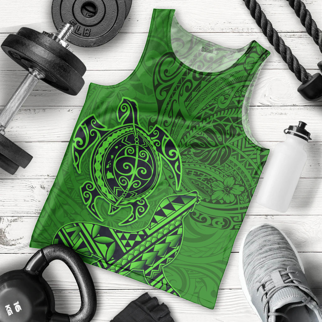 Hawaii Monk Seal and Dolphin Men Tank Top Polynesian Kakau Pattern Green