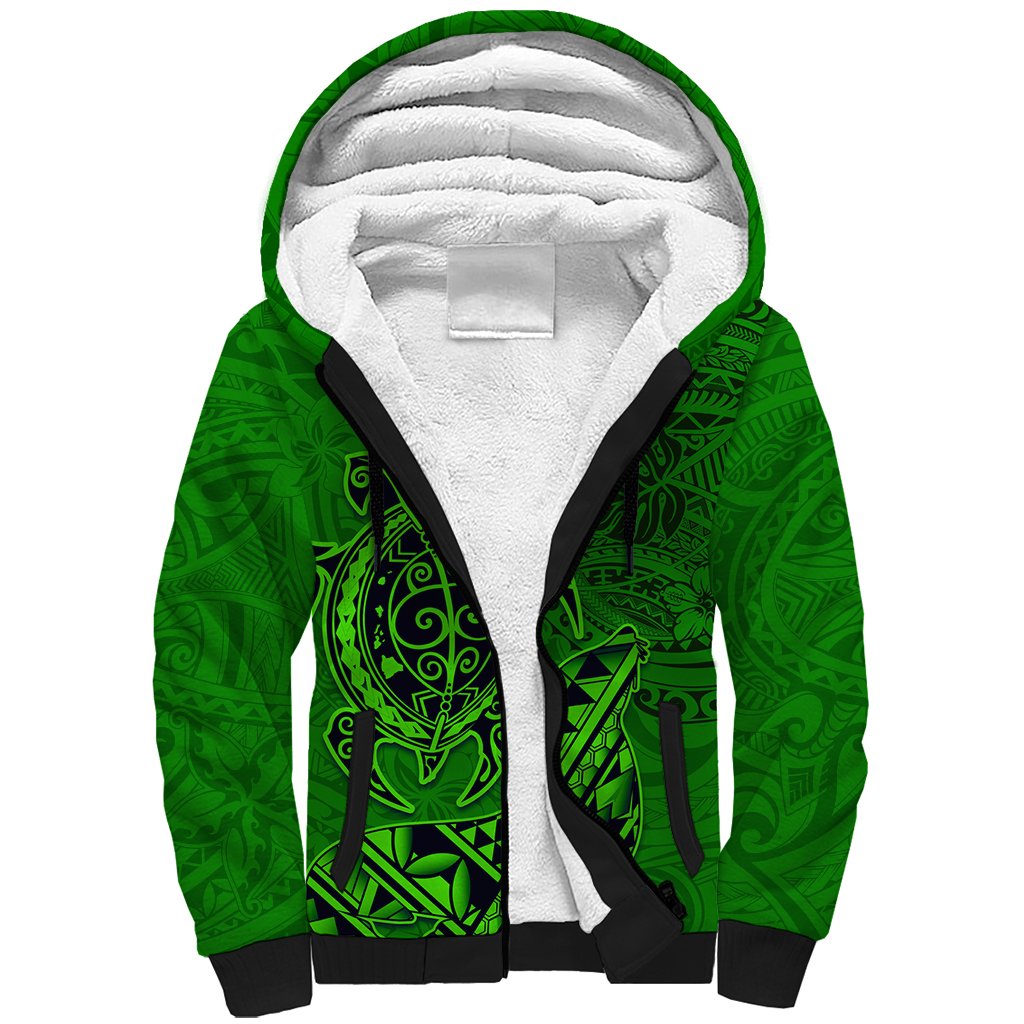 Hawaii Monk Seal and Dolphin Sherpa Hoodie Polynesian Kakau Pattern Green