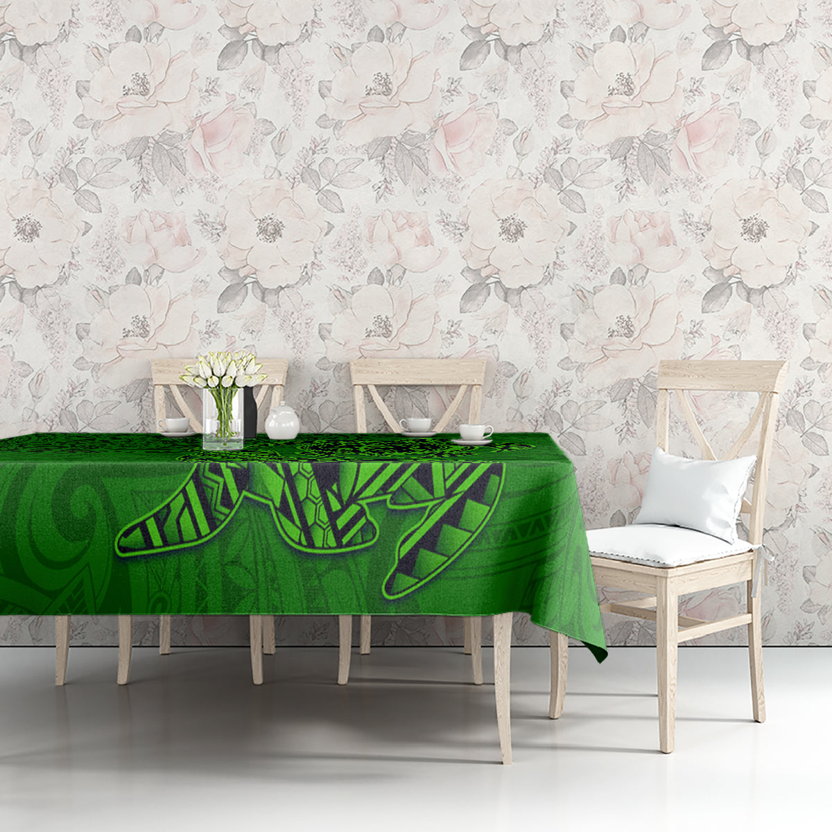Hawaii Monk Seal and Dolphin Tablecloth Polynesian Kakau Pattern Green