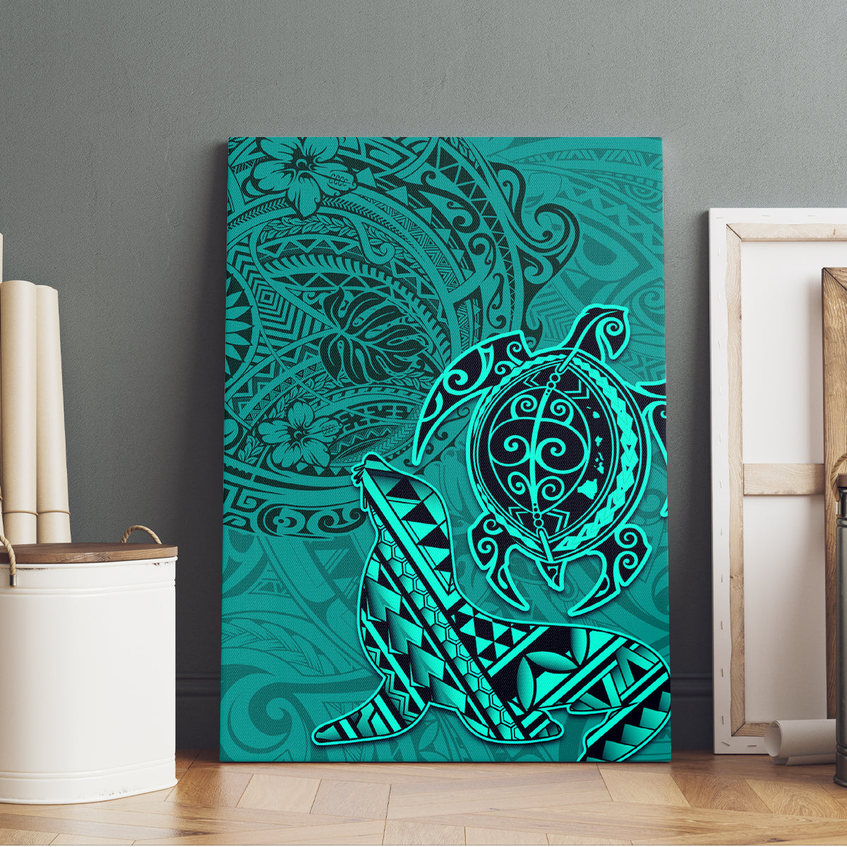 Hawaii Monk Seal and Dolphin Canvas Wall Art Polynesian Kakau Pattern Turquoise