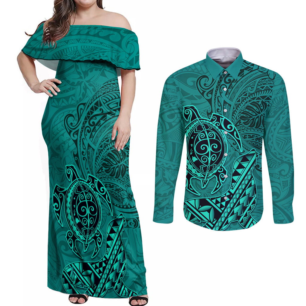 Hawaii Monk Seal and Dolphin Couples Matching Off Shoulder Maxi Dress and Long Sleeve Button Shirt Polynesian Kakau Pattern Turquoise