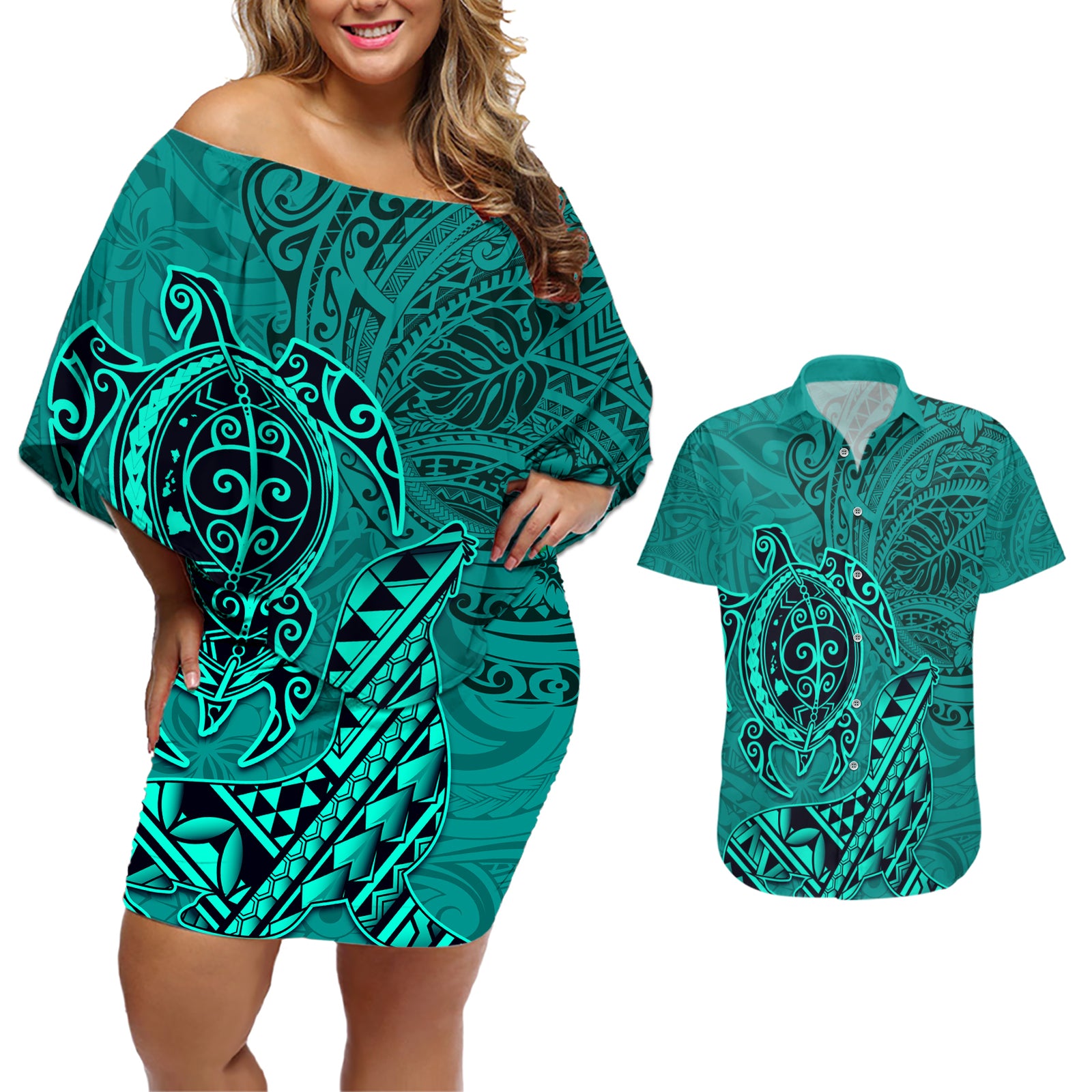 Hawaii Monk Seal and Dolphin Couples Matching Off Shoulder Short Dress and Hawaiian Shirt Polynesian Kakau Pattern Turquoise
