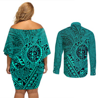 Hawaii Monk Seal and Dolphin Couples Matching Off Shoulder Short Dress and Long Sleeve Button Shirt Polynesian Kakau Pattern Turquoise