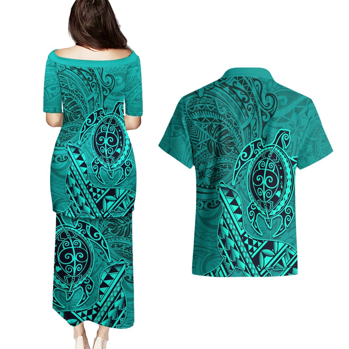 Hawaii Monk Seal and Dolphin Couples Matching Puletasi and Hawaiian Shirt Polynesian Kakau Pattern Turquoise LT03 - Polynesian Pride