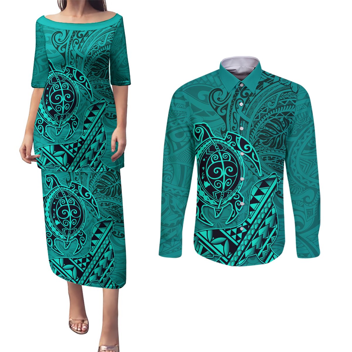Hawaii Monk Seal and Dolphin Couples Matching Puletasi and Long Sleeve Button Shirt Polynesian Kakau Pattern Turquoise