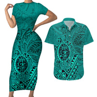 Hawaii Monk Seal and Dolphin Couples Matching Short Sleeve Bodycon Dress and Hawaiian Shirt Polynesian Kakau Pattern Turquoise LT03 Turquoise - Polynesian Pride