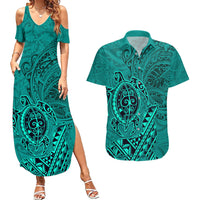 Hawaii Monk Seal and Dolphin Couples Matching Summer Maxi Dress and Hawaiian Shirt Polynesian Kakau Pattern Turquoise