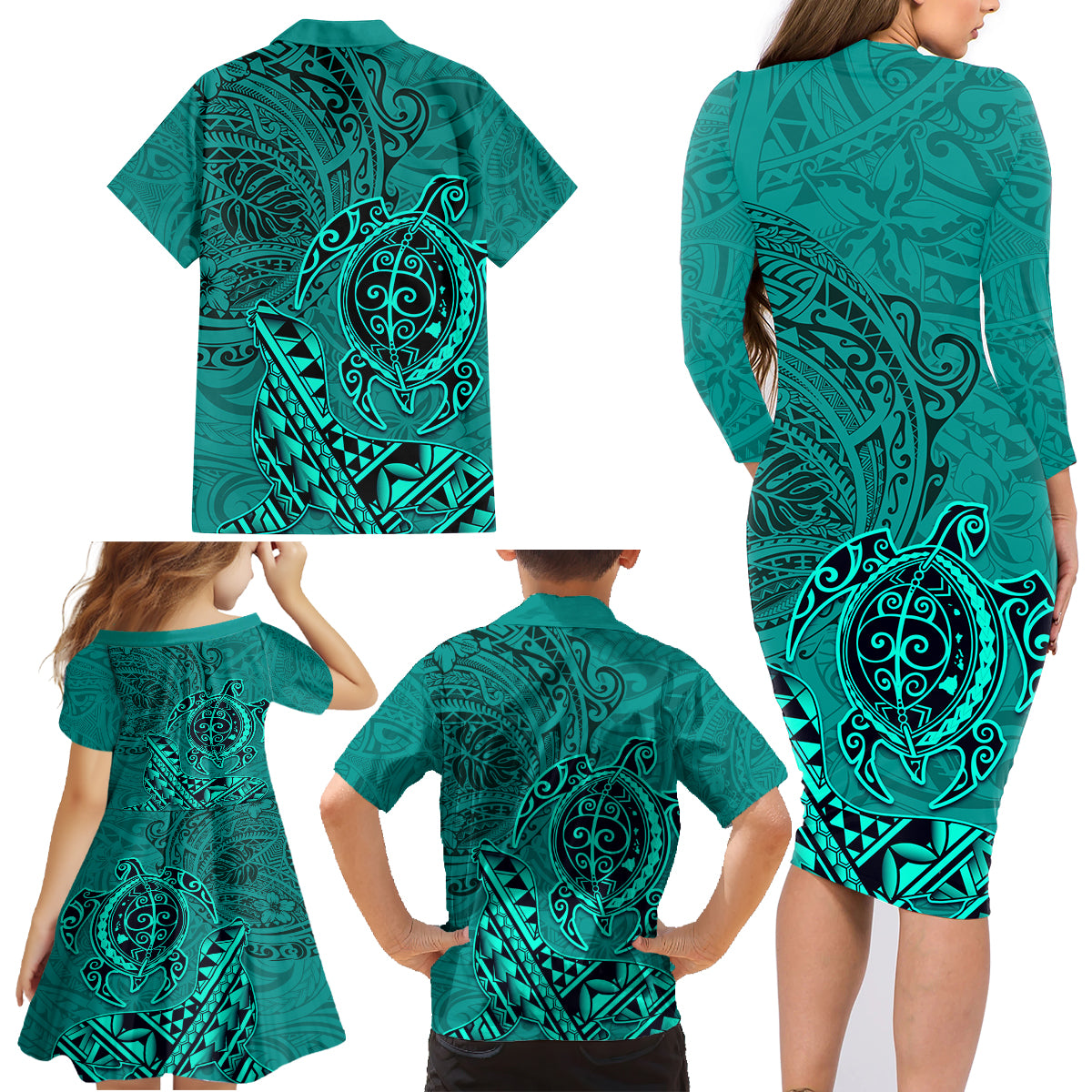 Hawaii Monk Seal and Dolphin Family Matching Long Sleeve Bodycon Dress and Hawaiian Shirt Polynesian Kakau Pattern Turquoise