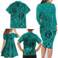 Hawaii Monk Seal and Dolphin Family Matching Long Sleeve Bodycon Dress and Hawaiian Shirt Polynesian Kakau Pattern Turquoise