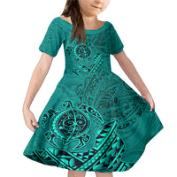 Hawaii Monk Seal and Dolphin Family Matching Mermaid Dress and Hawaiian Shirt Polynesian Kakau Pattern Turquoise LT03 Daughter's Dress Turquoise - Polynesian Pride