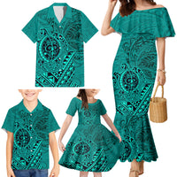 Hawaii Monk Seal and Dolphin Family Matching Mermaid Dress and Hawaiian Shirt Polynesian Kakau Pattern Turquoise LT03 - Polynesian Pride