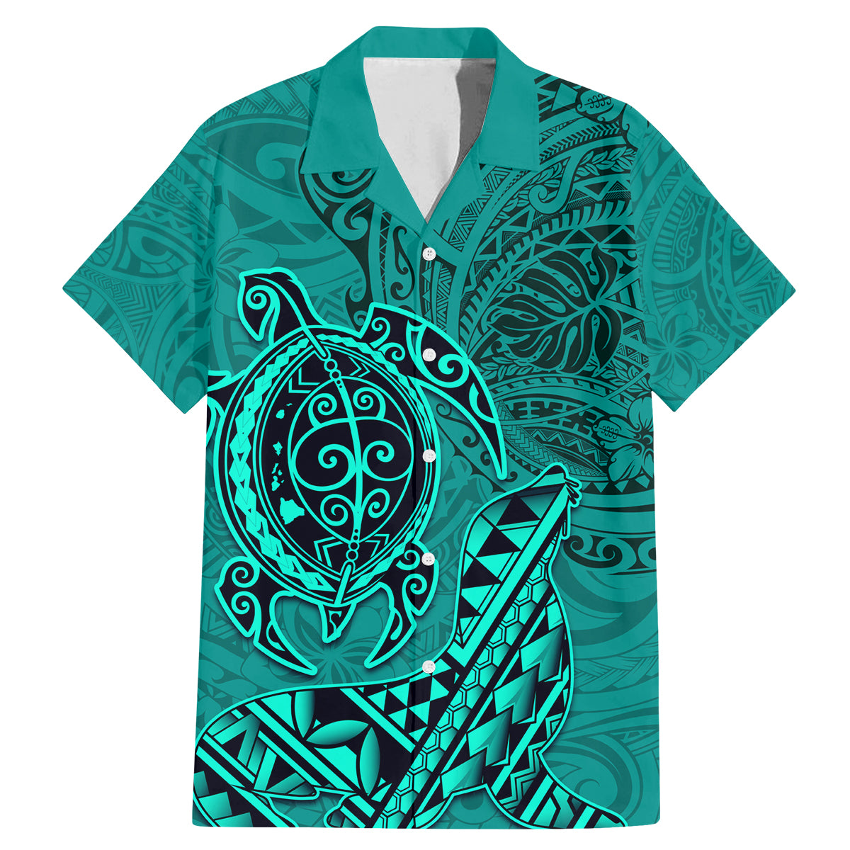 Hawaii Monk Seal and Dolphin Family Matching Mermaid Dress and Hawaiian Shirt Polynesian Kakau Pattern Turquoise LT03 Dad's Shirt - Short Sleeve Turquoise - Polynesian Pride