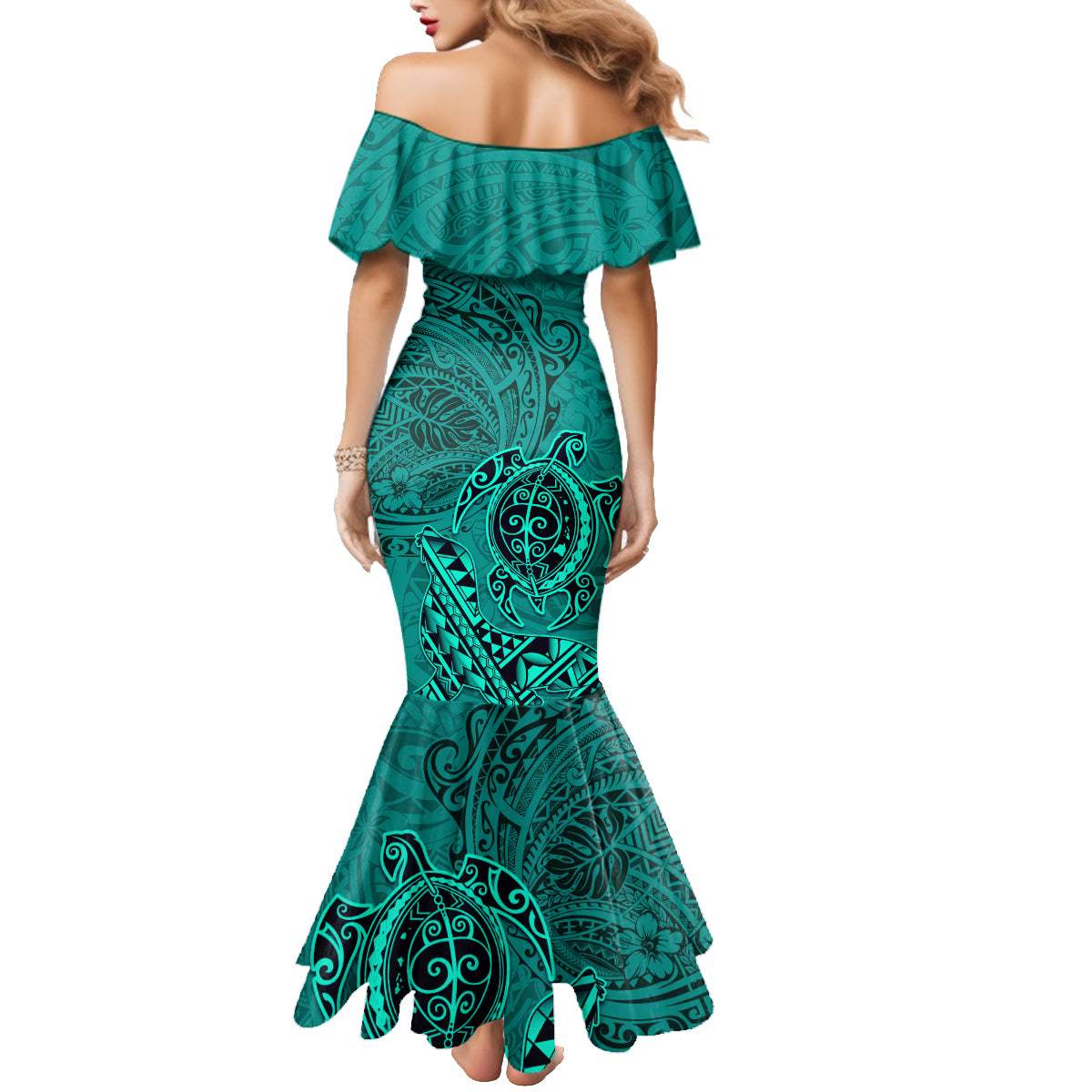 Hawaii Monk Seal and Dolphin Family Matching Mermaid Dress and Hawaiian Shirt Polynesian Kakau Pattern Turquoise LT03 - Polynesian Pride