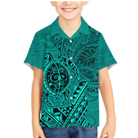 Hawaii Monk Seal and Dolphin Family Matching Mermaid Dress and Hawaiian Shirt Polynesian Kakau Pattern Turquoise LT03 Son's Shirt Turquoise - Polynesian Pride