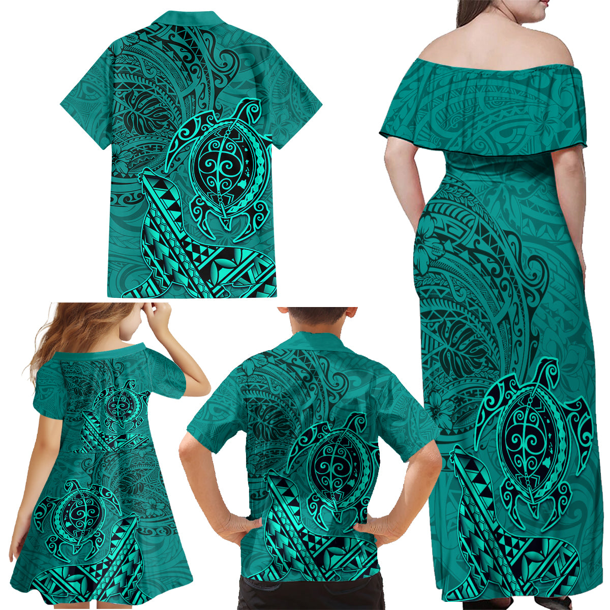 Hawaii Monk Seal and Dolphin Family Matching Off Shoulder Maxi Dress and Hawaiian Shirt Polynesian Kakau Pattern Turquoise LT03 - Polynesian Pride