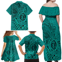 Hawaii Monk Seal and Dolphin Family Matching Off Shoulder Maxi Dress and Hawaiian Shirt Polynesian Kakau Pattern Turquoise LT03 - Polynesian Pride