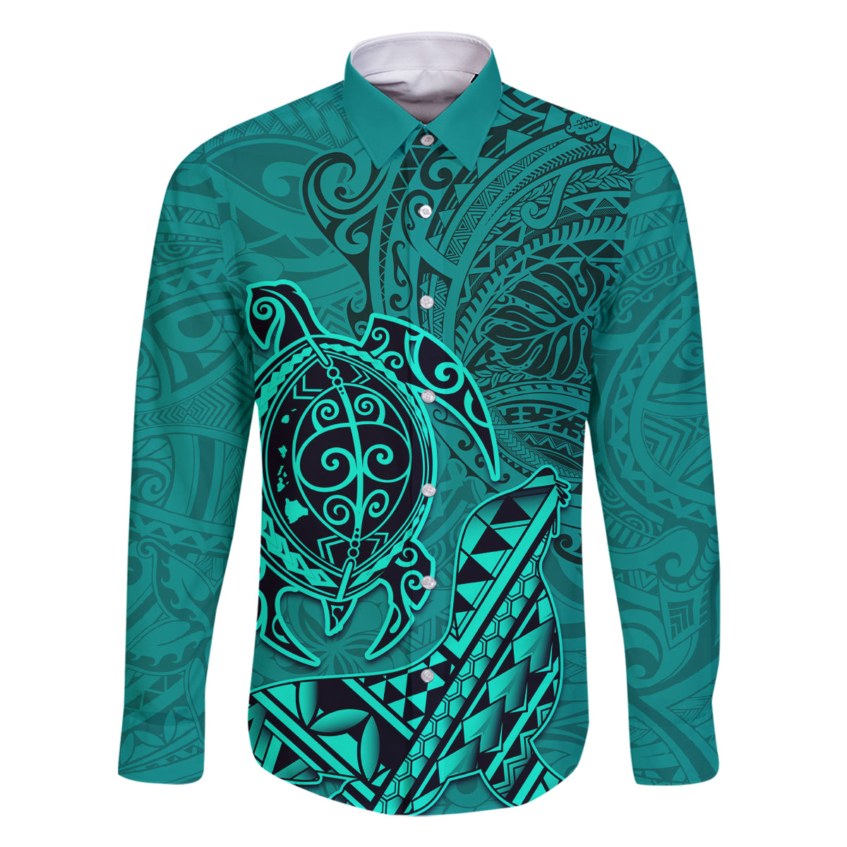 Hawaii Monk Seal and Dolphin Family Matching Off Shoulder Maxi Dress and Hawaiian Shirt Polynesian Kakau Pattern Turquoise LT03 Dad's Shirt - Long Sleeve Turquoise - Polynesian Pride
