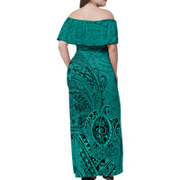 Hawaii Monk Seal and Dolphin Family Matching Off Shoulder Maxi Dress and Hawaiian Shirt Polynesian Kakau Pattern Turquoise LT03 - Polynesian Pride