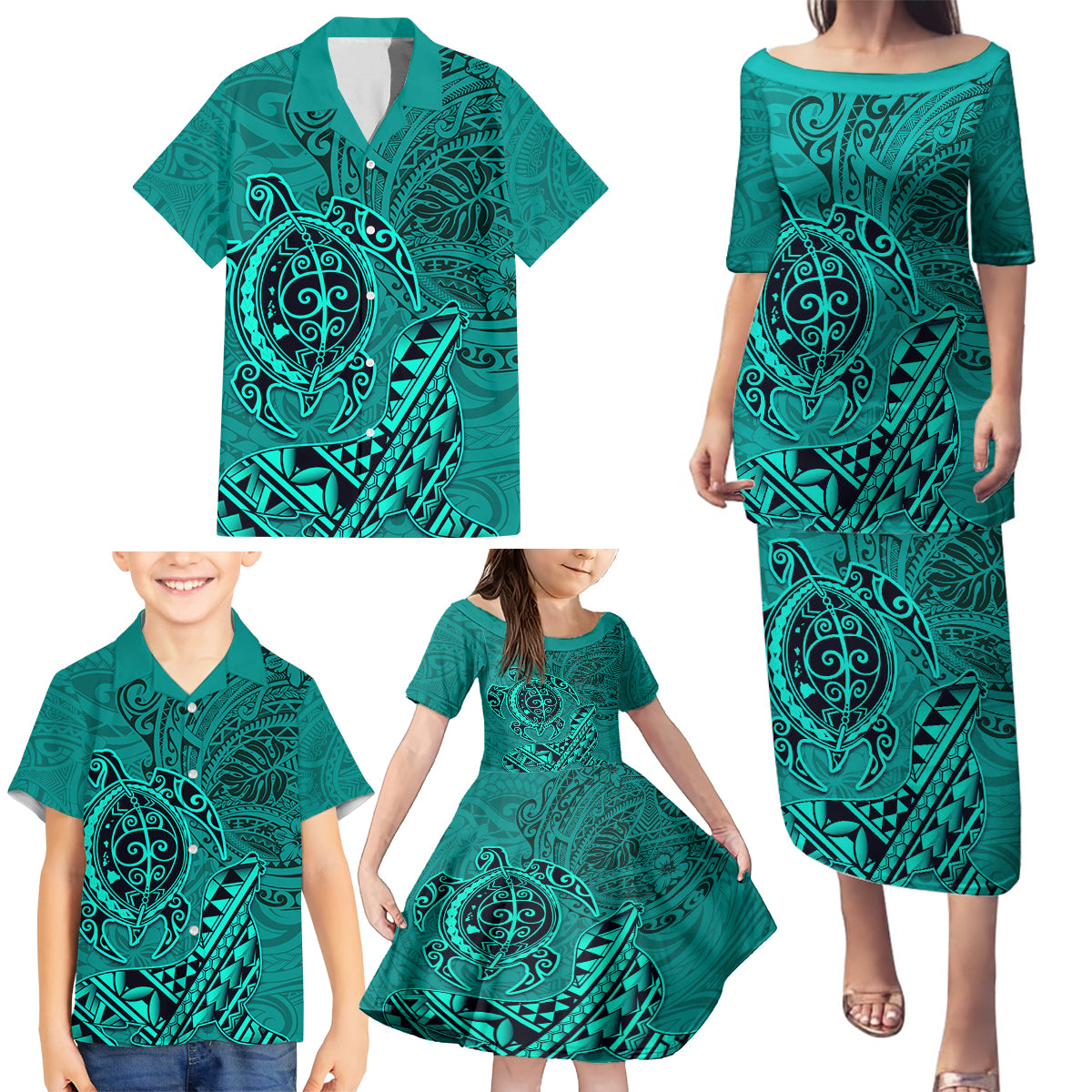 Hawaii Monk Seal and Dolphin Family Matching Puletasi and Hawaiian Shirt Polynesian Kakau Pattern Turquoise LT03 - Polynesian Pride