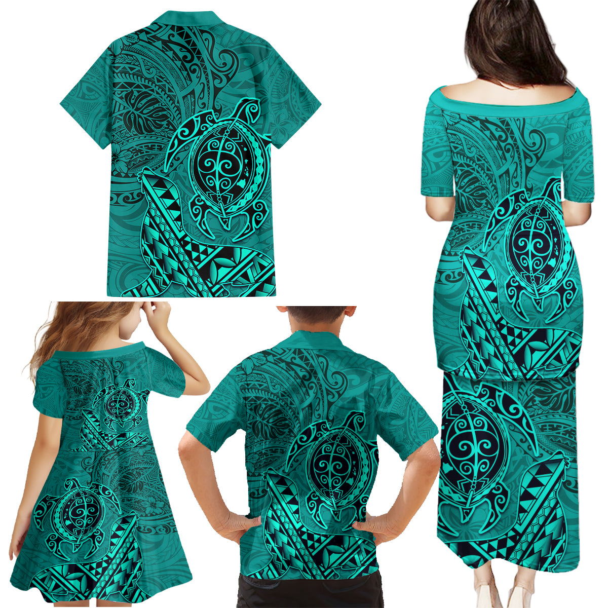 Hawaii Monk Seal and Dolphin Family Matching Puletasi and Hawaiian Shirt Polynesian Kakau Pattern Turquoise LT03 - Polynesian Pride