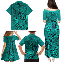 Hawaii Monk Seal and Dolphin Family Matching Puletasi and Hawaiian Shirt Polynesian Kakau Pattern Turquoise LT03 - Polynesian Pride