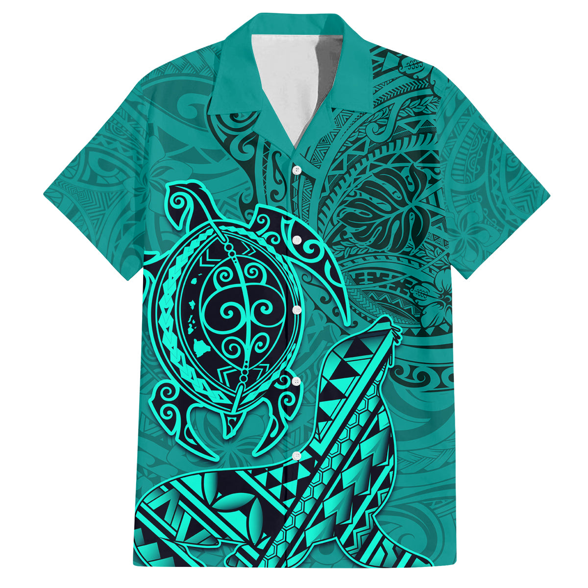 Hawaii Monk Seal and Dolphin Family Matching Puletasi and Hawaiian Shirt Polynesian Kakau Pattern Turquoise LT03 Dad's Shirt - Short Sleeve Turquoise - Polynesian Pride