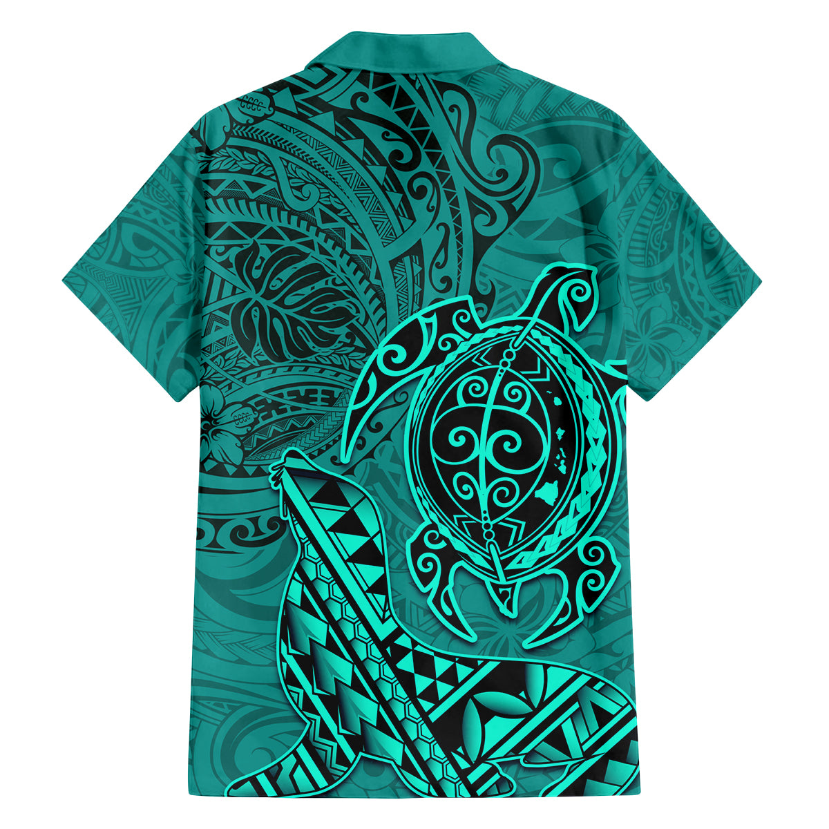 Hawaii Monk Seal and Dolphin Family Matching Puletasi and Hawaiian Shirt Polynesian Kakau Pattern Turquoise LT03 - Polynesian Pride