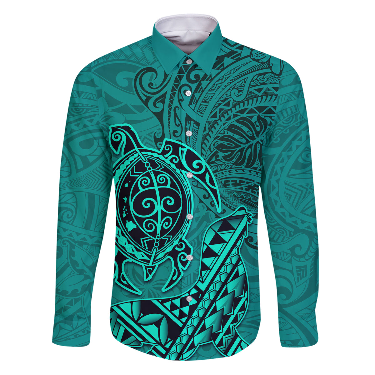 Hawaii Monk Seal and Dolphin Family Matching Puletasi and Hawaiian Shirt Polynesian Kakau Pattern Turquoise LT03 Dad's Shirt - Long Sleeve Turquoise - Polynesian Pride