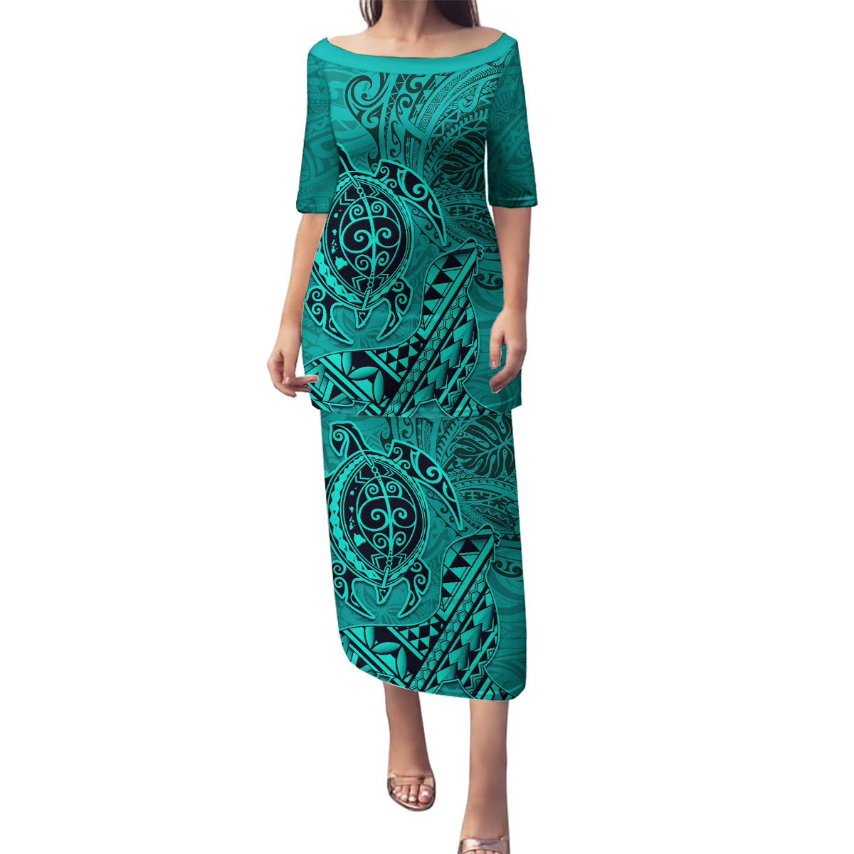 Hawaii Monk Seal and Dolphin Family Matching Puletasi and Hawaiian Shirt Polynesian Kakau Pattern Turquoise LT03 Mom's Dress Turquoise - Polynesian Pride