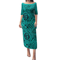 Hawaii Monk Seal and Dolphin Family Matching Puletasi and Hawaiian Shirt Polynesian Kakau Pattern Turquoise LT03 Mom's Dress Turquoise - Polynesian Pride