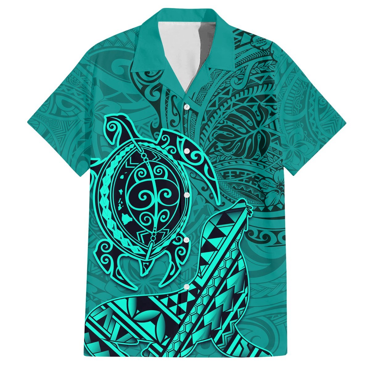 Hawaii Monk Seal and Dolphin Hawaiian Shirt Polynesian Kakau Pattern Turquoise LT03 Turquoise - Polynesian Pride