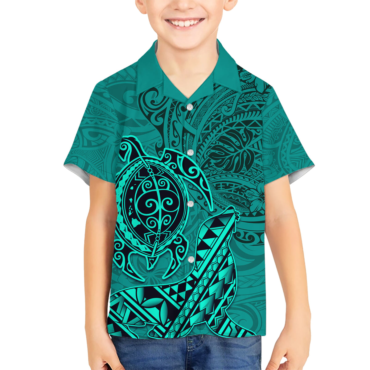Hawaii Monk Seal and Dolphin Kid Hawaiian Shirt Polynesian Kakau Pattern Turquoise LT03 Kid Turquoise - Polynesian Pride