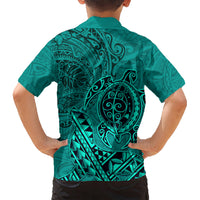 Hawaii Monk Seal and Dolphin Kid Hawaiian Shirt Polynesian Kakau Pattern Turquoise LT03 - Polynesian Pride