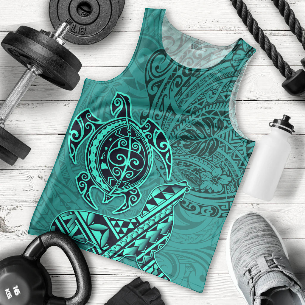 Hawaii Monk Seal and Dolphin Men Tank Top Polynesian Kakau Pattern Turquoise LT03 - Polynesian Pride