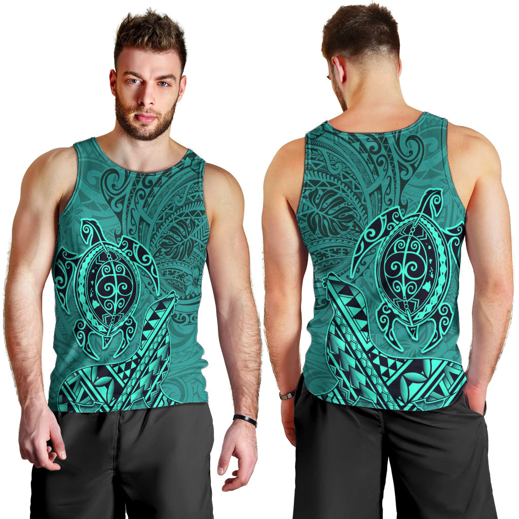 Hawaii Monk Seal and Dolphin Men Tank Top Polynesian Kakau Pattern Turquoise LT03 - Polynesian Pride