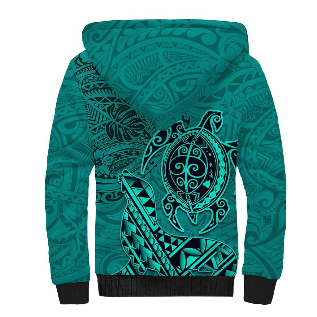 Hawaii Monk Seal and Dolphin Sherpa Hoodie Polynesian Kakau Pattern Turquoise