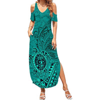 Hawaii Monk Seal and Dolphin Summer Maxi Dress Polynesian Kakau Pattern Turquoise LT03 Women Turquoise - Polynesian Pride