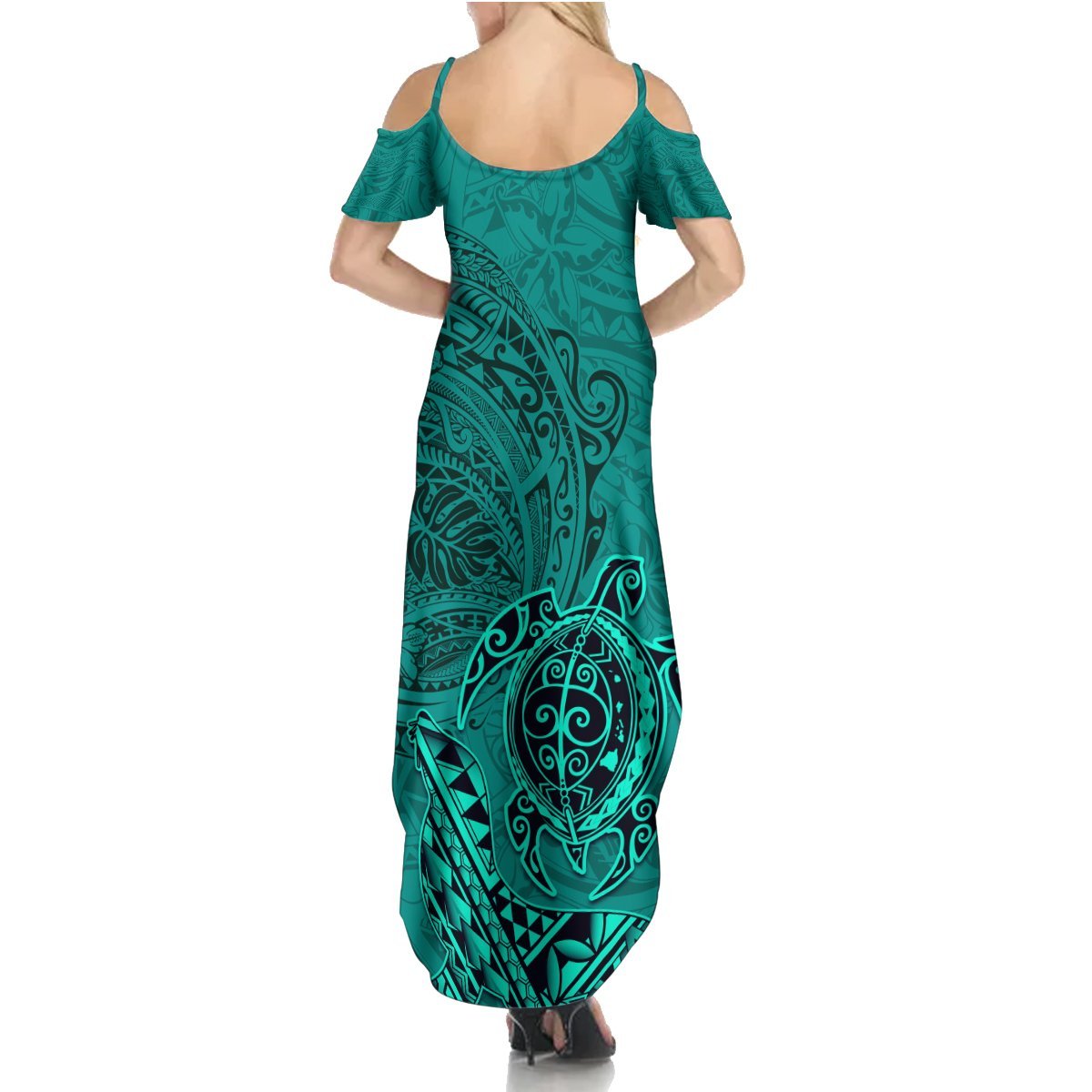 Hawaii Monk Seal and Dolphin Summer Maxi Dress Polynesian Kakau Pattern Turquoise LT03 - Polynesian Pride