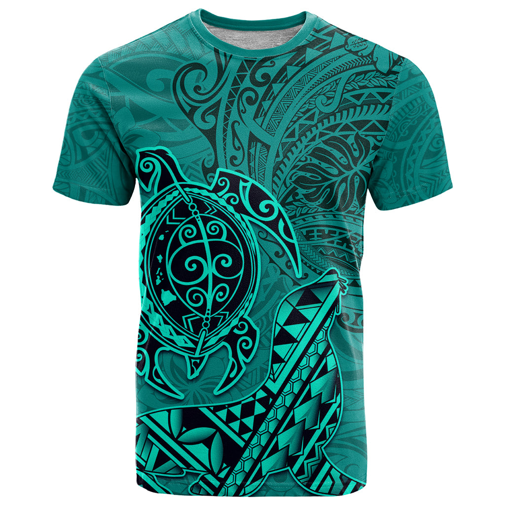 Hawaii Monk Seal and Dolphin T Shirt Polynesian Kakau Pattern Turquoise LT03 Turquoise - Polynesian Pride