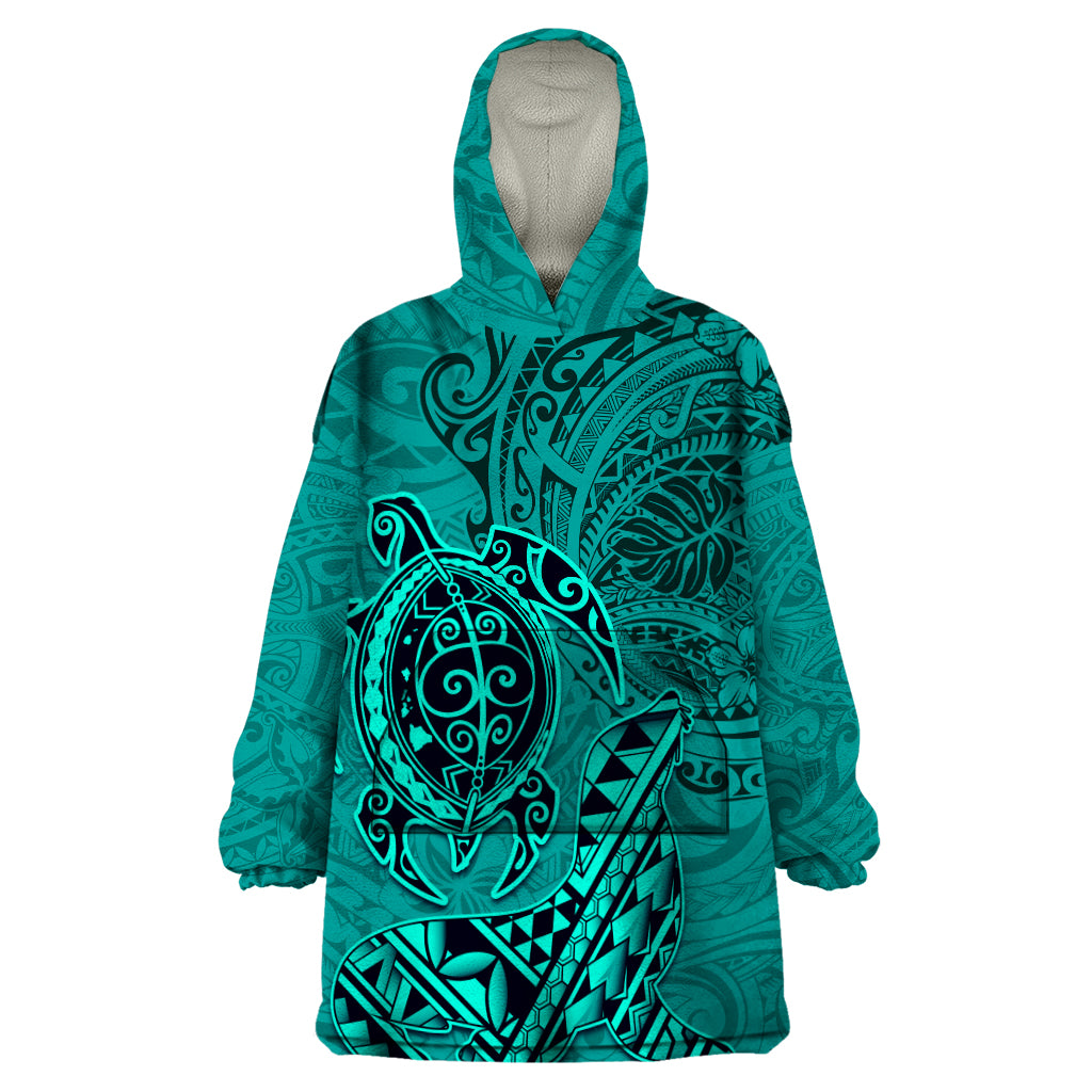 Hawaii Monk Seal and Dolphin Wearable Blanket Hoodie Polynesian Kakau Pattern Turquoise LT03 One Size Turquoise - Polynesian Pride